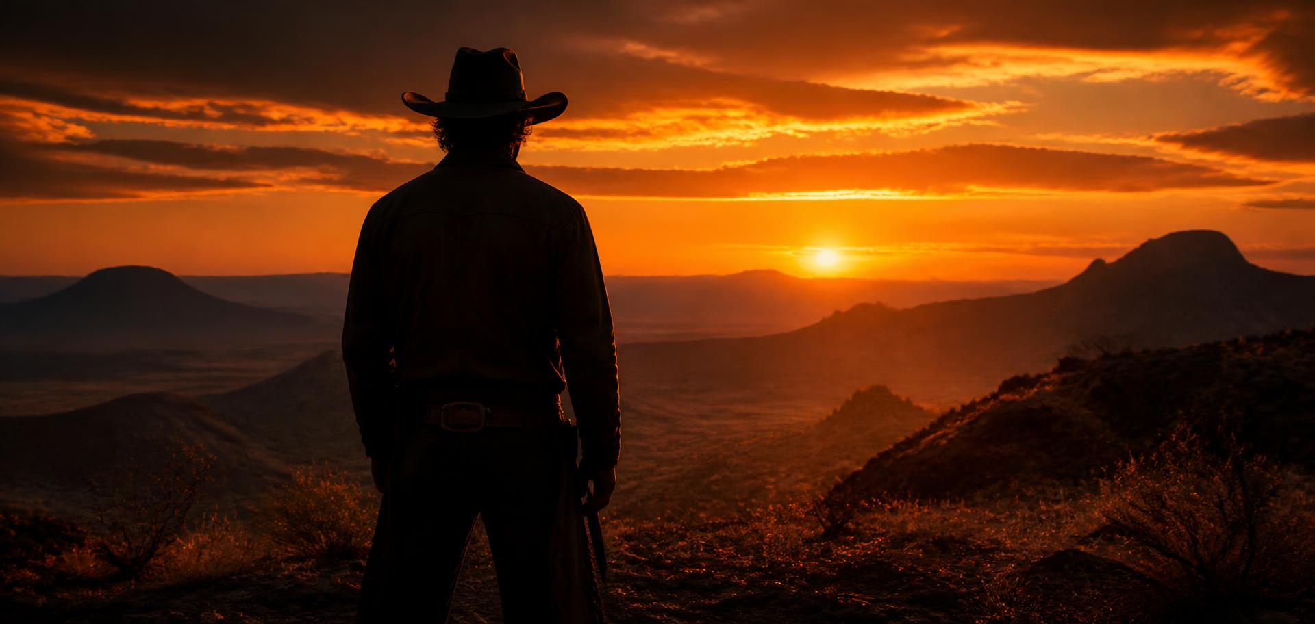 Cowboy facing a desert valley at sunset