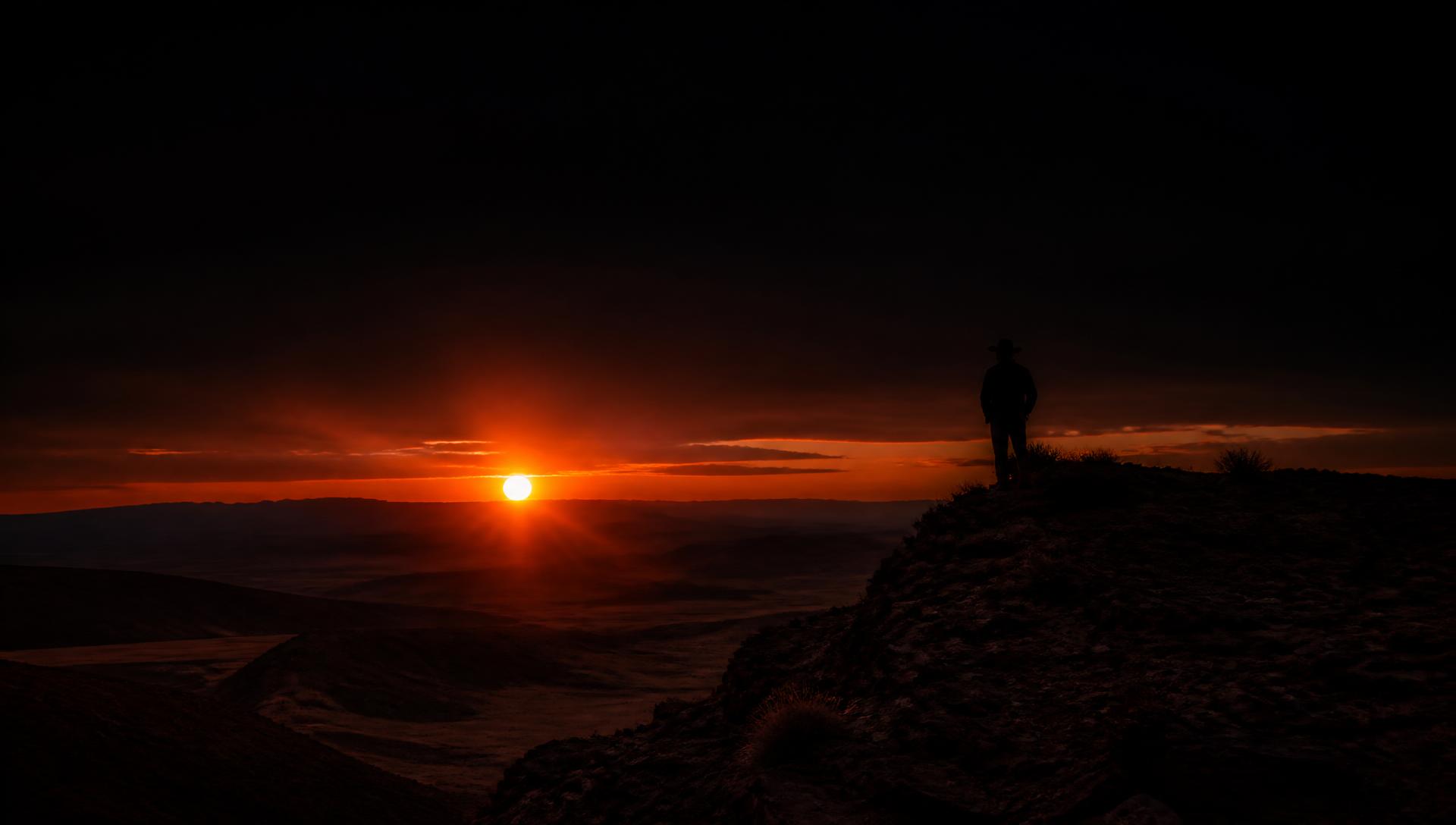 Cowboy silhouette watching the sunset over desert mountains